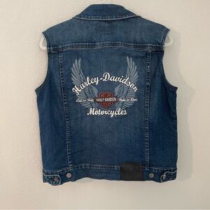Harley Davidson Motorcycle Embroidered Denim Vest Size Large Biker